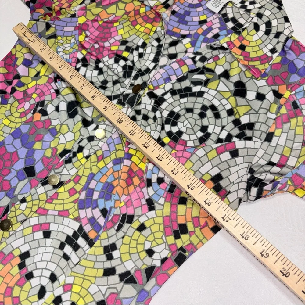 Carmen Marc Valvo Mosaic Print Button Front Blouse Stretch Long Sleeve Size Med - Picture 6 of 8